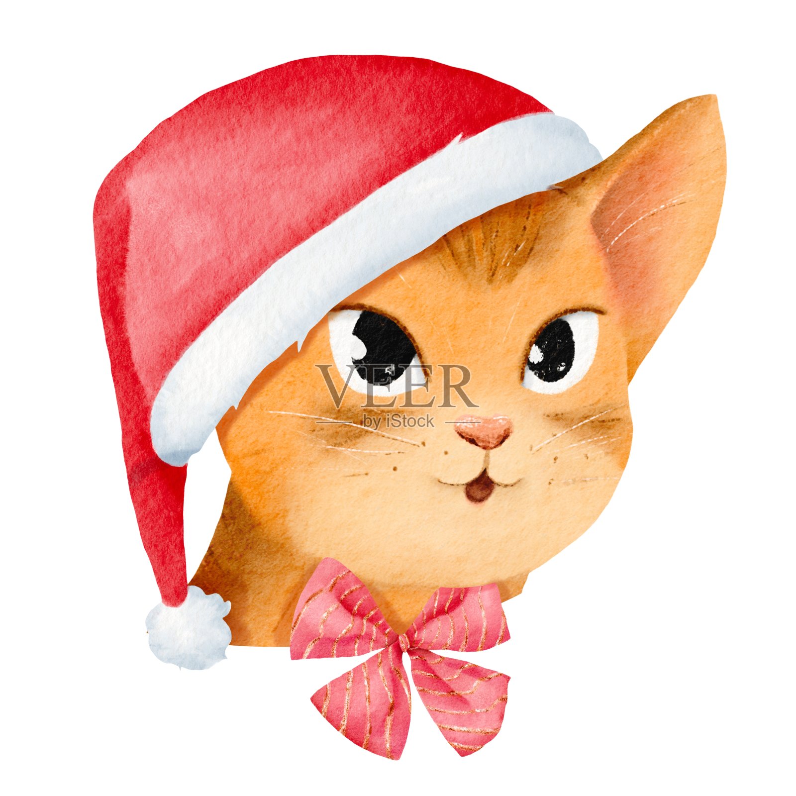 新年小精灵——一只可爱的阿比西尼亚猫。优雅的小猫肖像在圣诞老人的帽子和圣诞蝴蝶结。节日的气氛中。完美的卡片，邀请，海报，贴纸。水彩插图插画图片素材