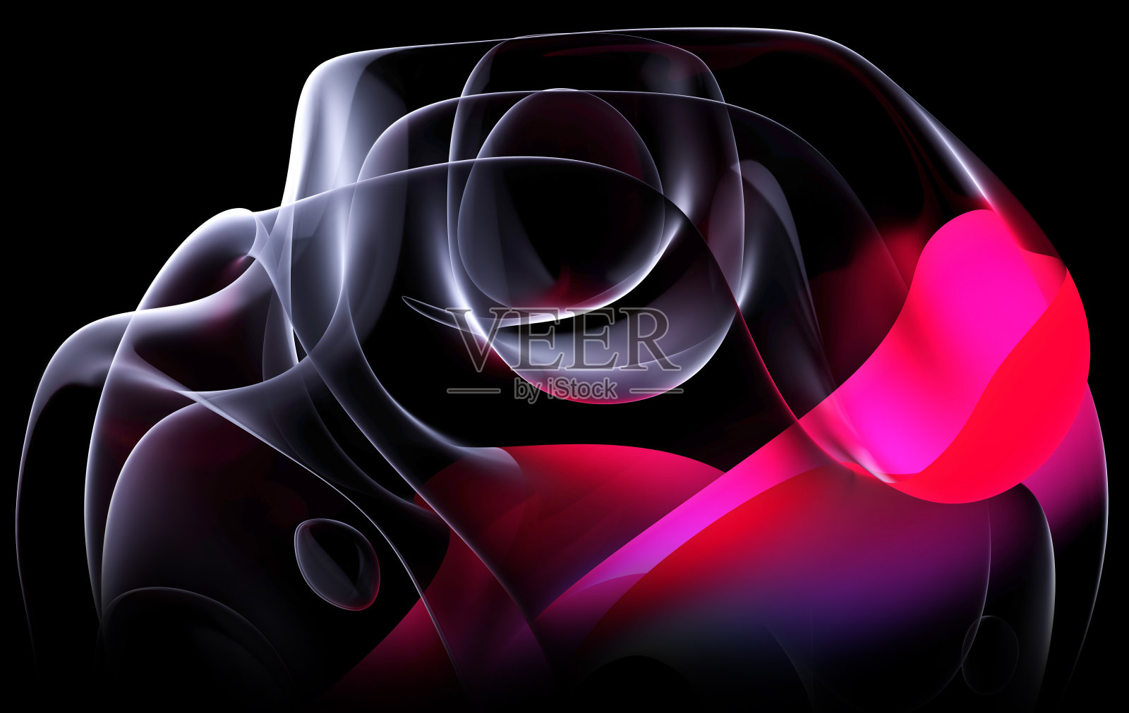 3D渲染抽象艺术的超现实3D球或球体的一部分，在弯曲的波浪圆形和球形线条中形成透明塑料材料，在黑色背景上发光的紫粉色霓虹色元素照片摄影图片