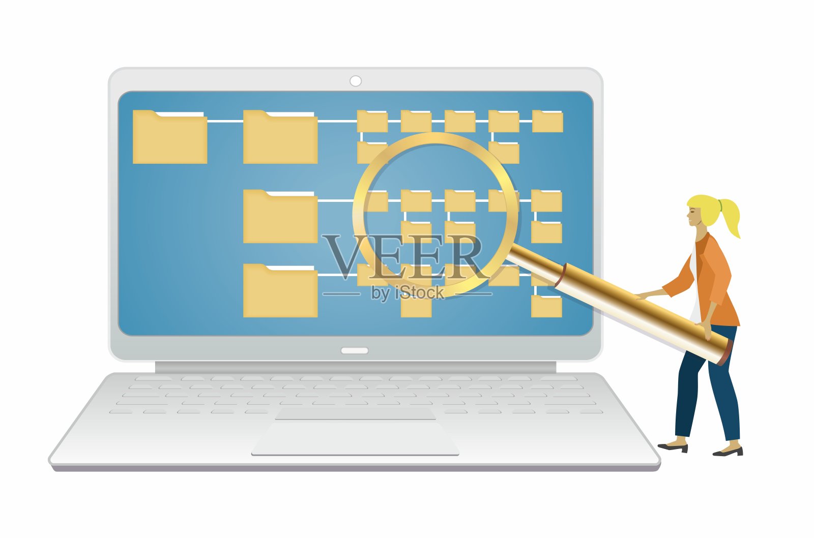女人用笔记本电脑控制或搜索文件地图结构。也可能是女性在讲课，接受档案整理教育。孤立。Vetor插图插画图片素材