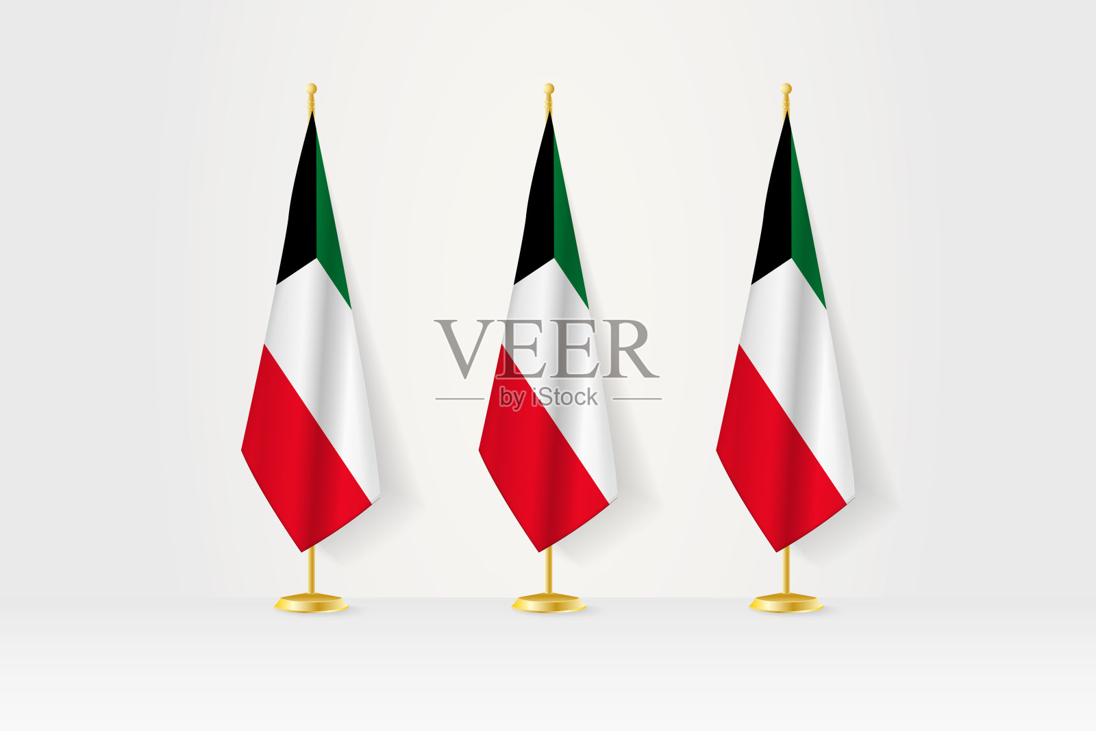 三面科威特国旗在金色的看台上排成一排，这是新闻发布会和其他会议的插图。插画图片素材