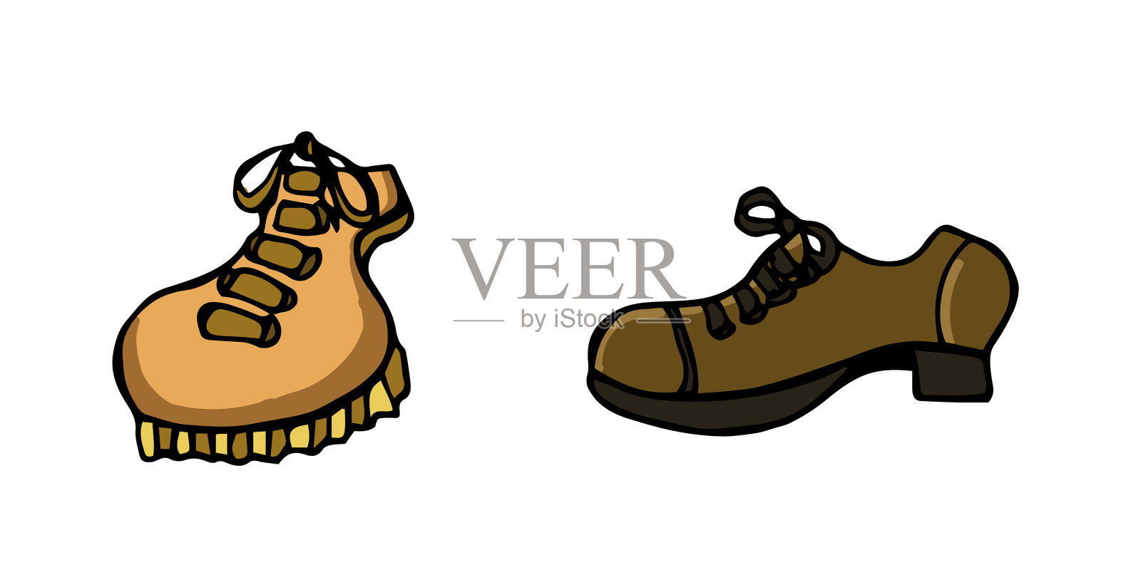 两只孤立的棕色男鞋，不同的视角。鞋类、对象。彩色漫画卡通手绘风格矢量插图上的白色背景。插画图片素材