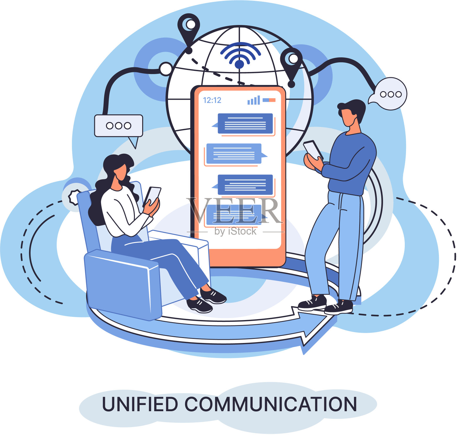 统一通信。社交媒体创意。在线社交网络。业务交互应用插画图片素材