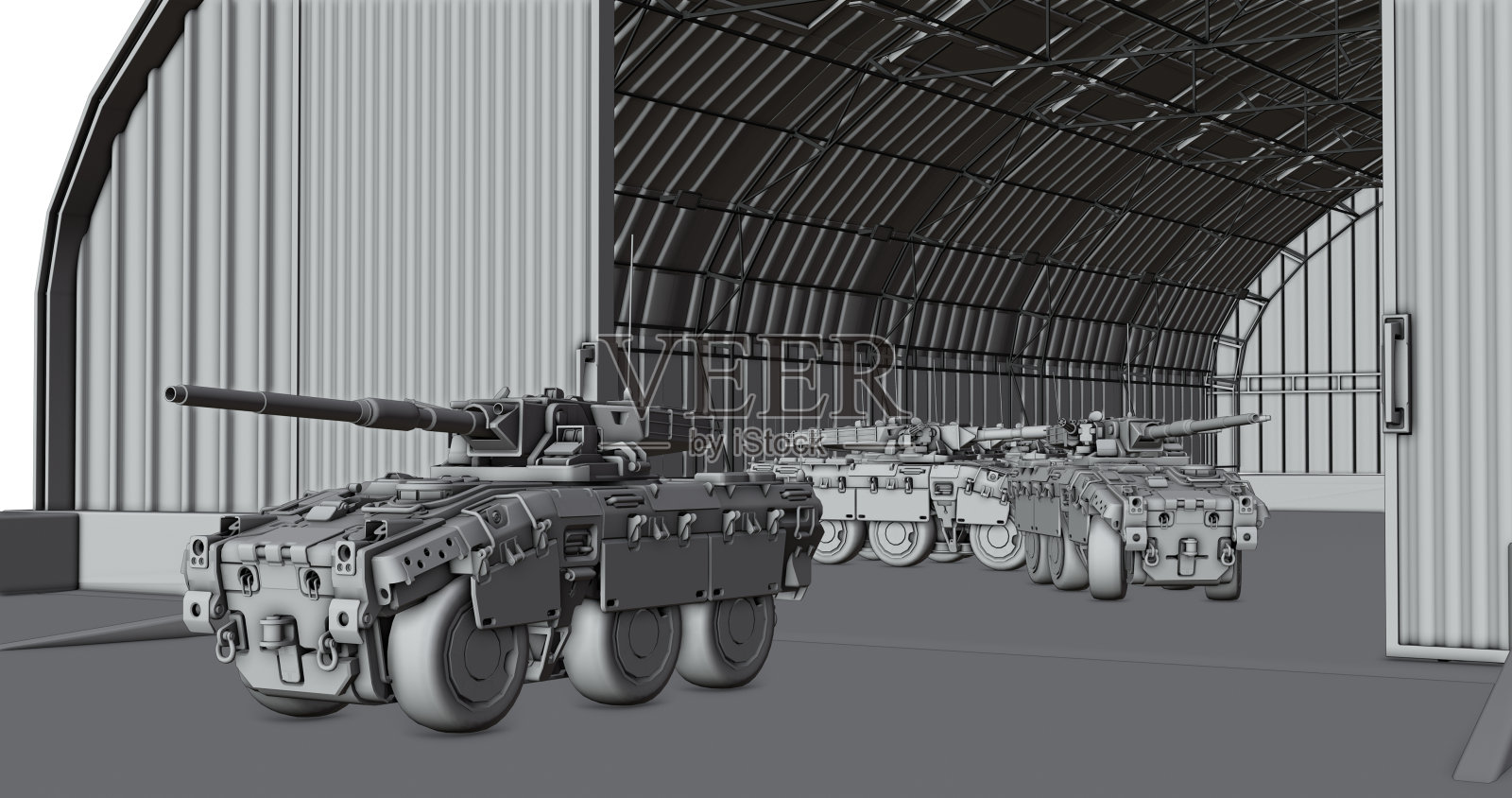 轮式军用坦克在基地，小队正在准备执行任务，黑白画风，抽象照片摄影图片