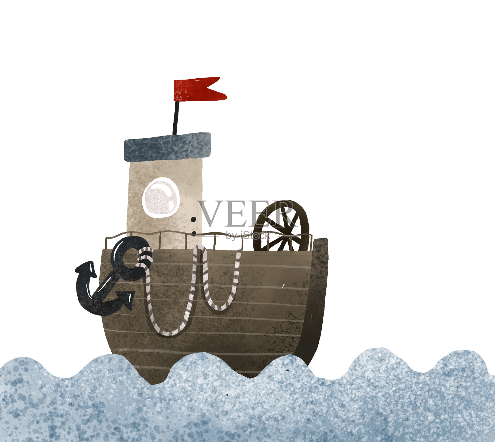 蓝色波浪上的木船。水运，旅游。男孩的图片。手绘插图，独立设计的印刷品，纺织品，贴纸插画图片素材