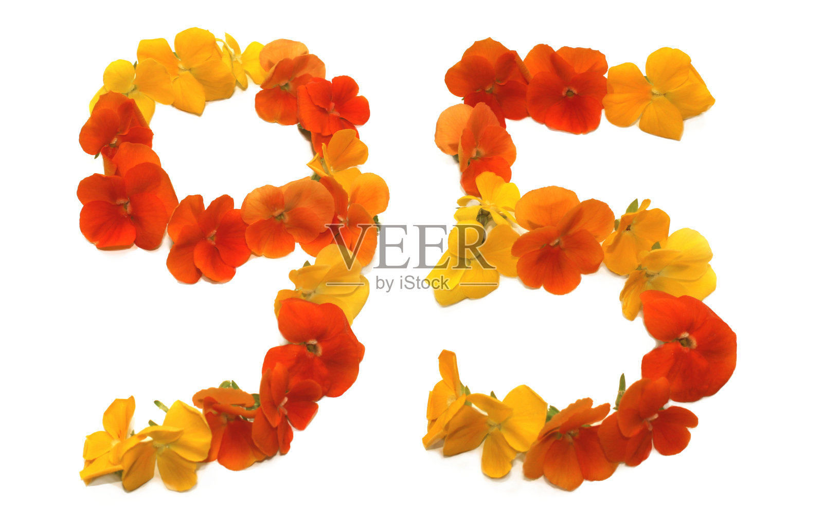 95号是用黄色、橙色和红色的花做成的照片摄影图片