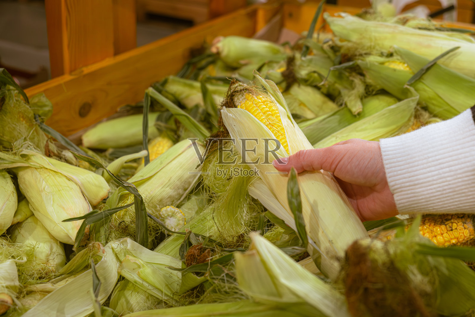 手从杂货店货架上拿玉米照片摄影图片