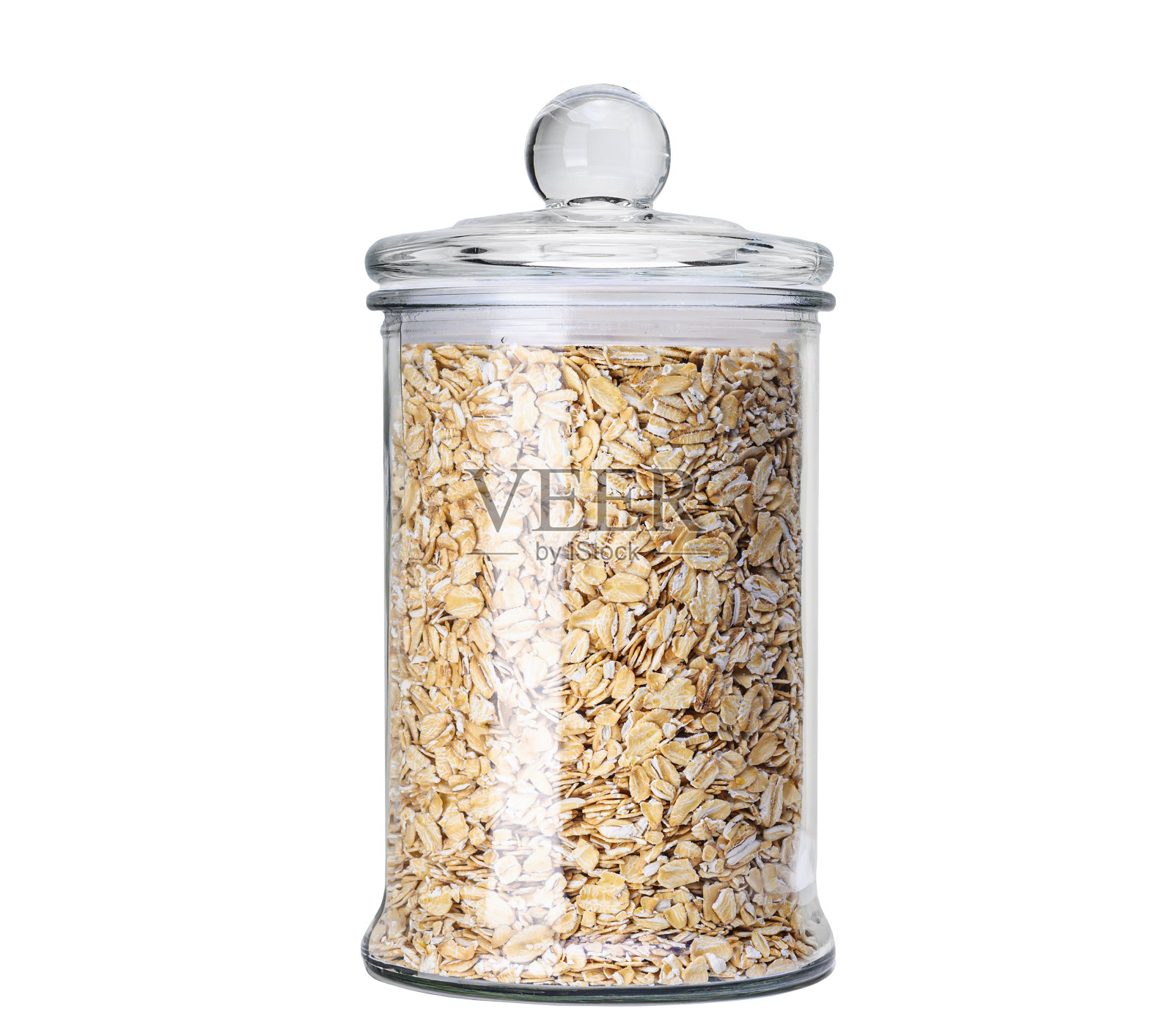 白色背景上装有生燕麦片的玻璃罐照片摄影图片