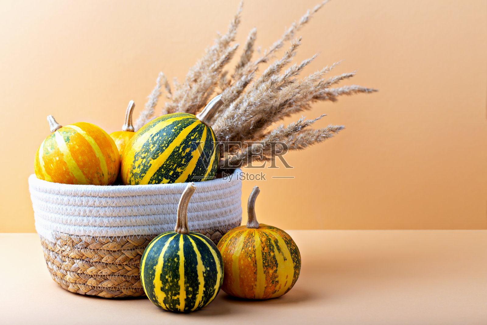 美丽的成熟南瓜在柳条篮子和干植物接近照片摄影图片