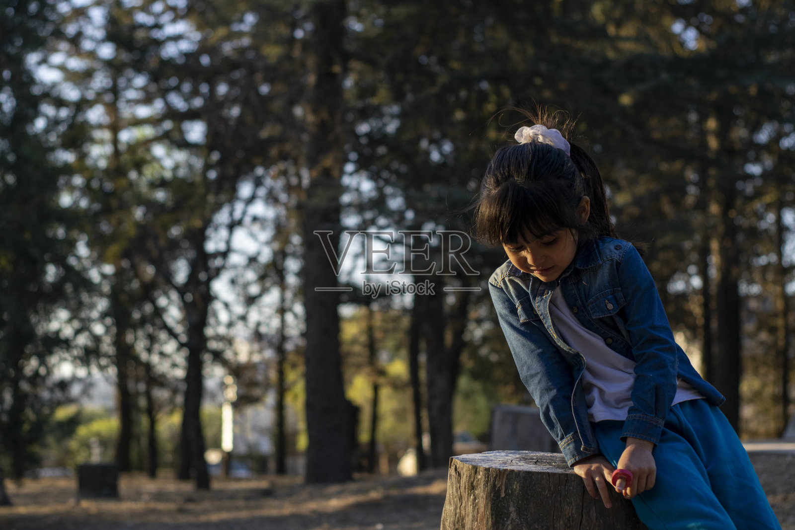 日落时分，小女孩在森林里玩耍。照片摄影图片