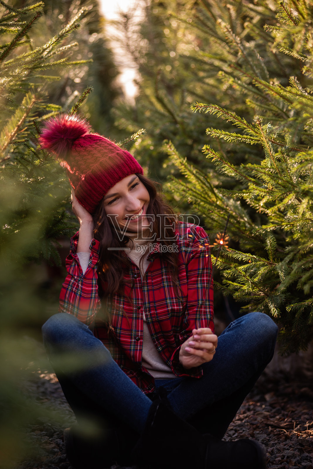 年轻女子的特写肖像，手拿亮晶晶的焰火，站在青松的圣诞树中间照片摄影图片