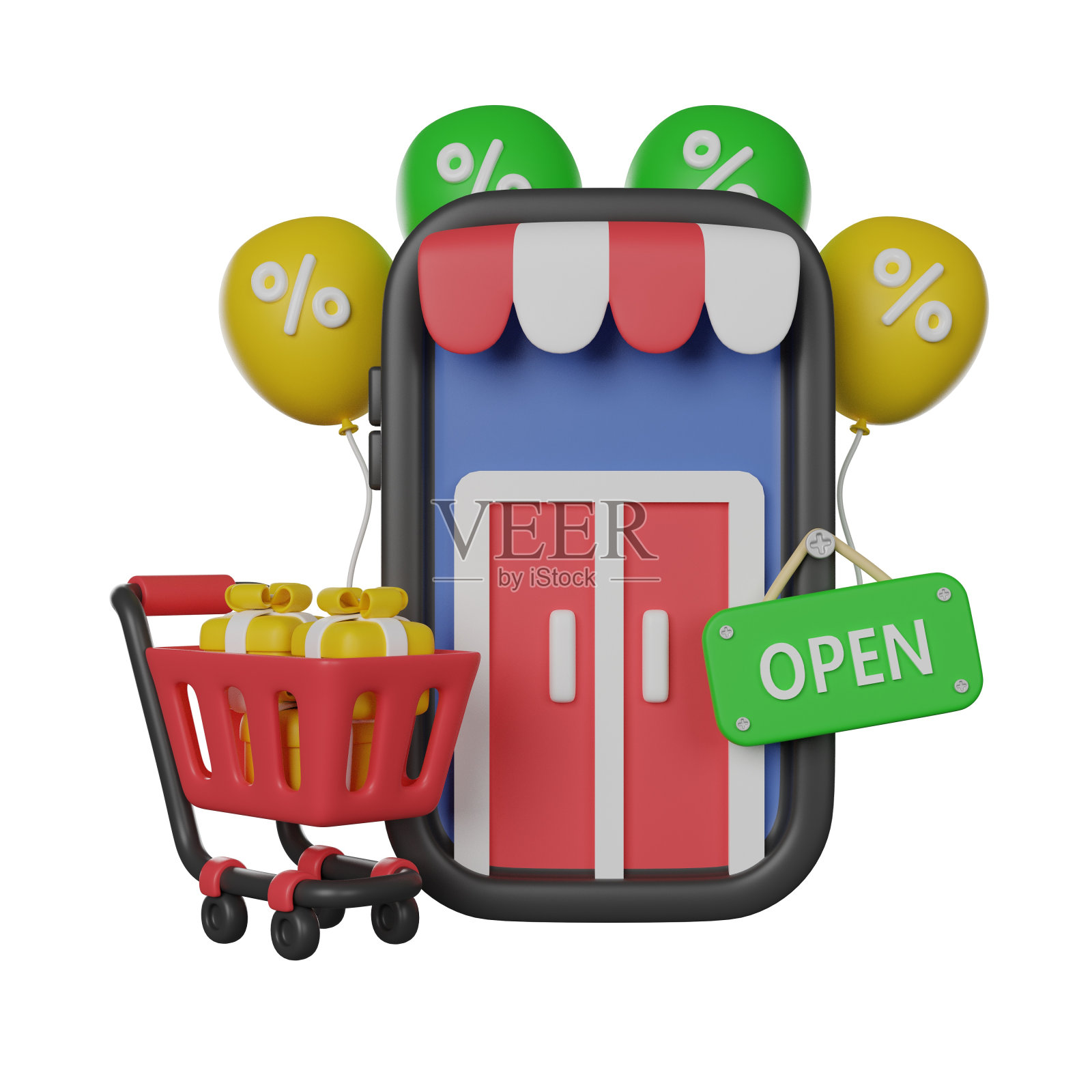 网上购物，移动应用。带有商店门和商店手推车的电话。3D渲染图标照片摄影图片