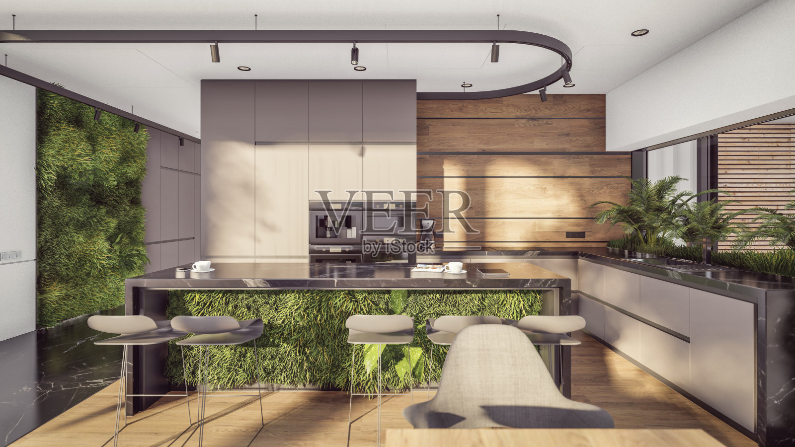 3d渲染昂贵舒适的室内与绿色的墙壁在晚上照片摄影图片