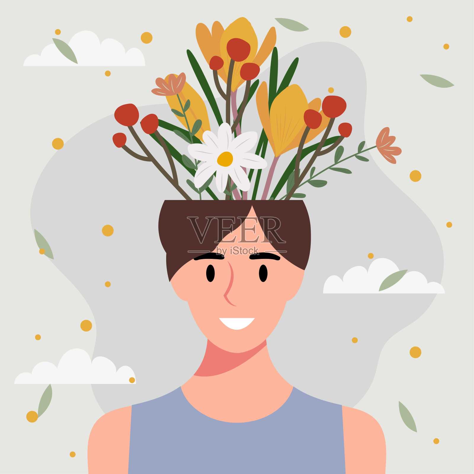 平面设计矢量插图概念的女人与花在她的头。插画图片素材