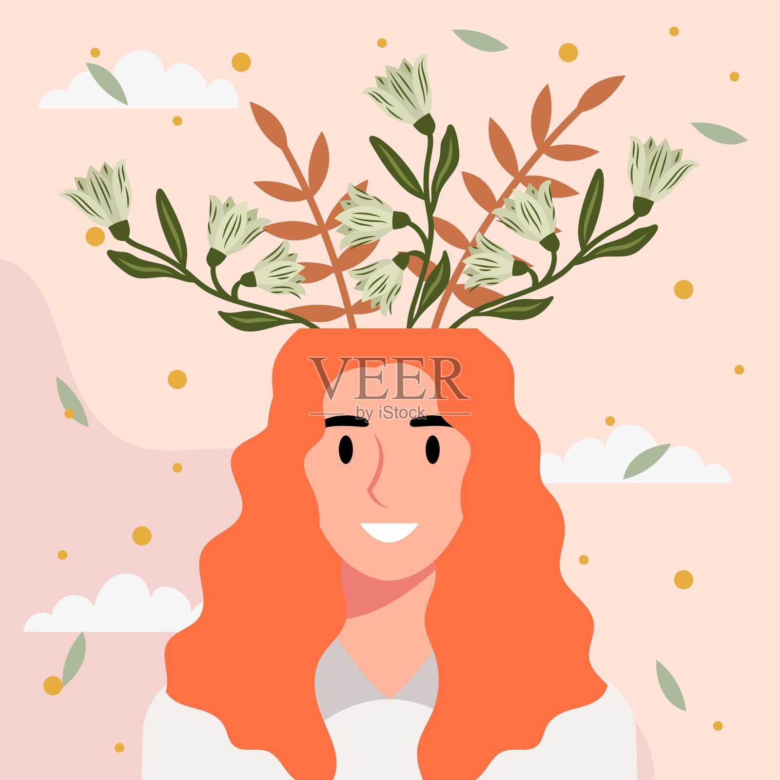 平面设计矢量插图概念的女人与花在她的头。插画图片素材