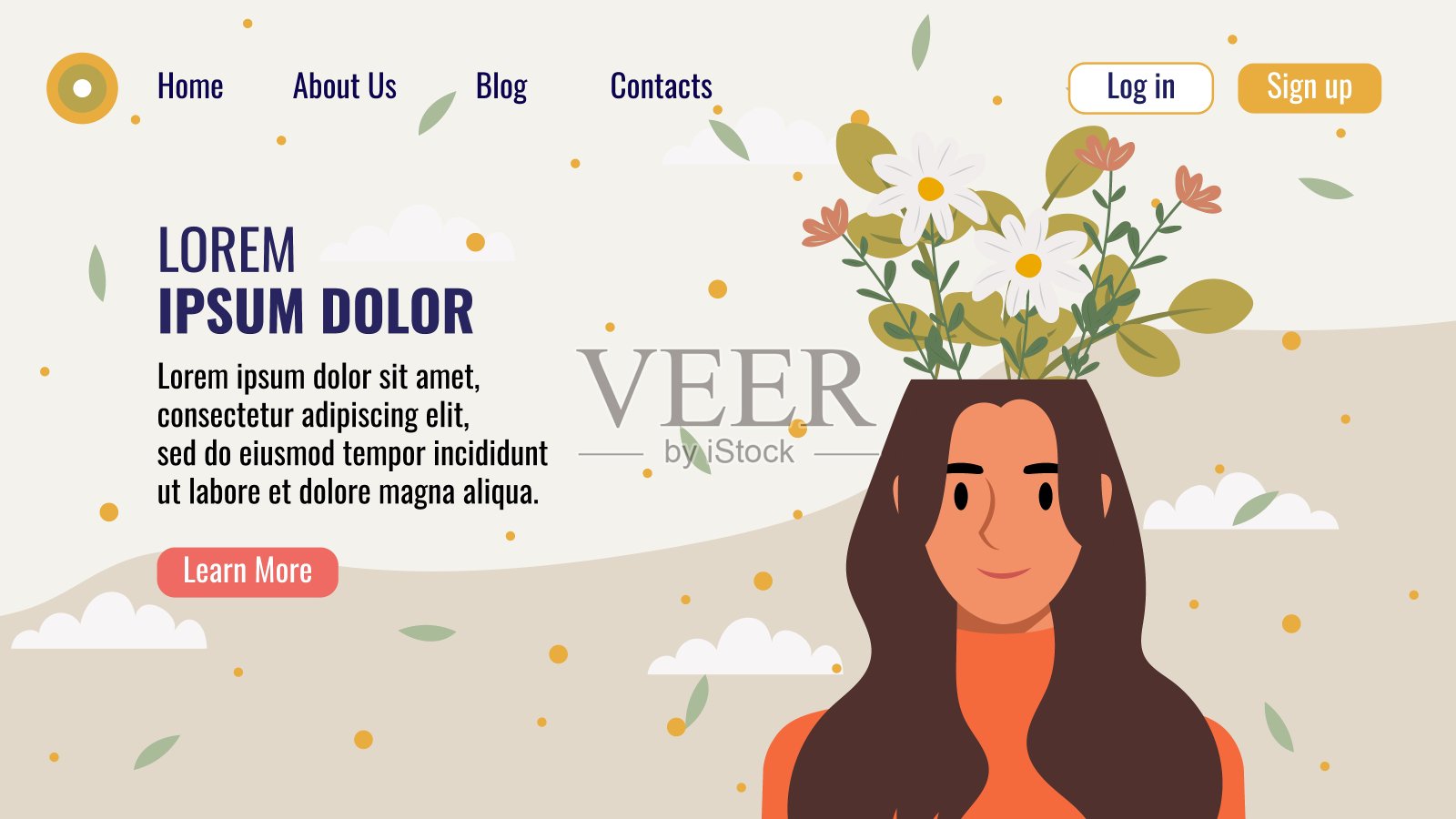 平面设计网站登陆页模板与一个女人的肖像与一束花。心理健康概念。矢量插图。插画图片素材