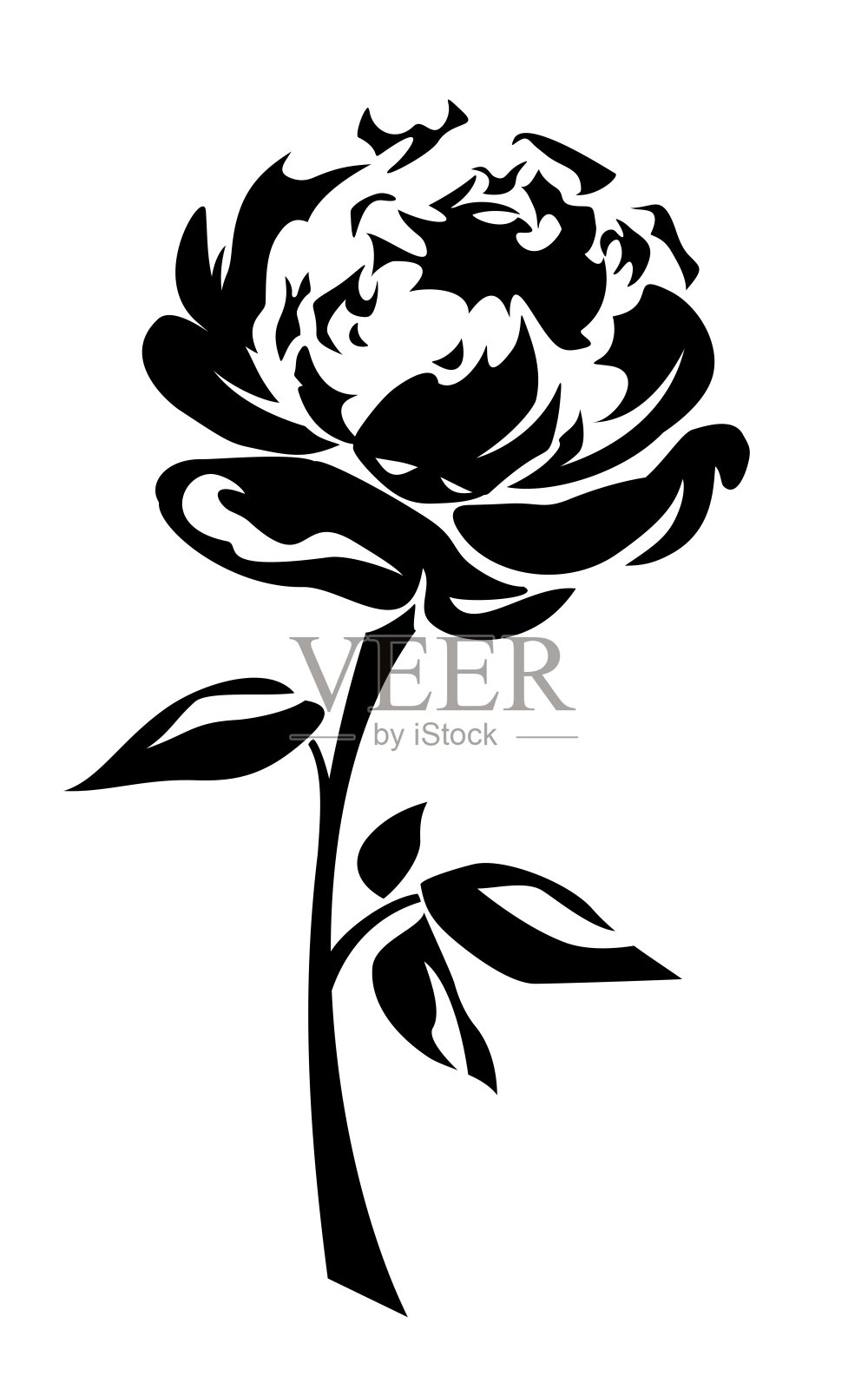 牡丹花朵。矢量黑色剪影插画图片素材