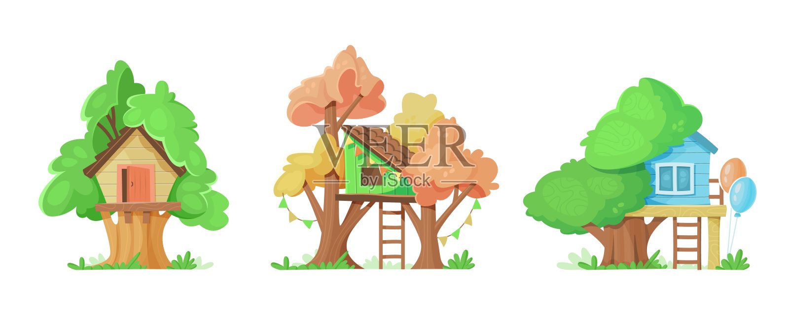一组不同的房子在树上给孩子们。卡通矢量插图。插画图片素材