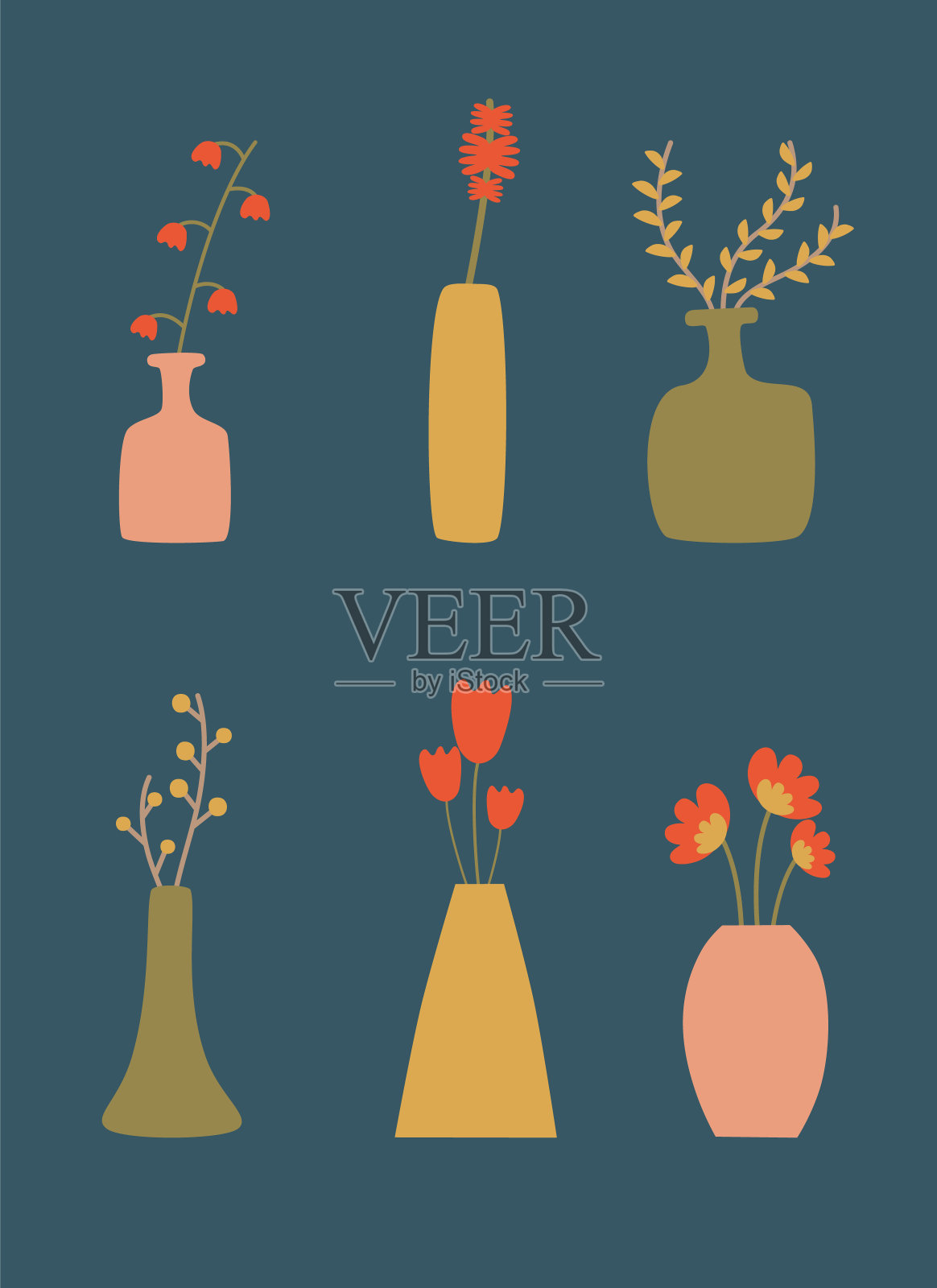 可爱的复古插图在蓝色的背景与鲜花在花瓶插画图片素材