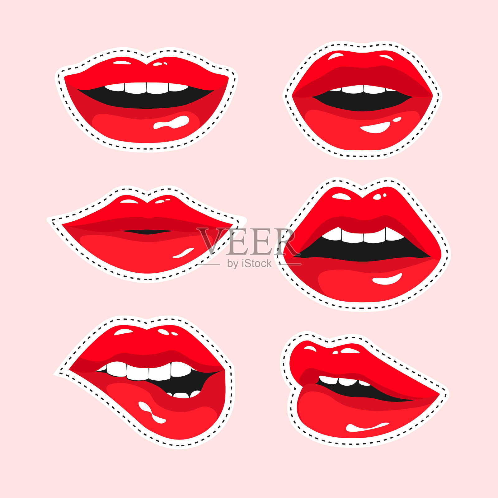 红色女性嘴唇贴纸套装。插画图片素材