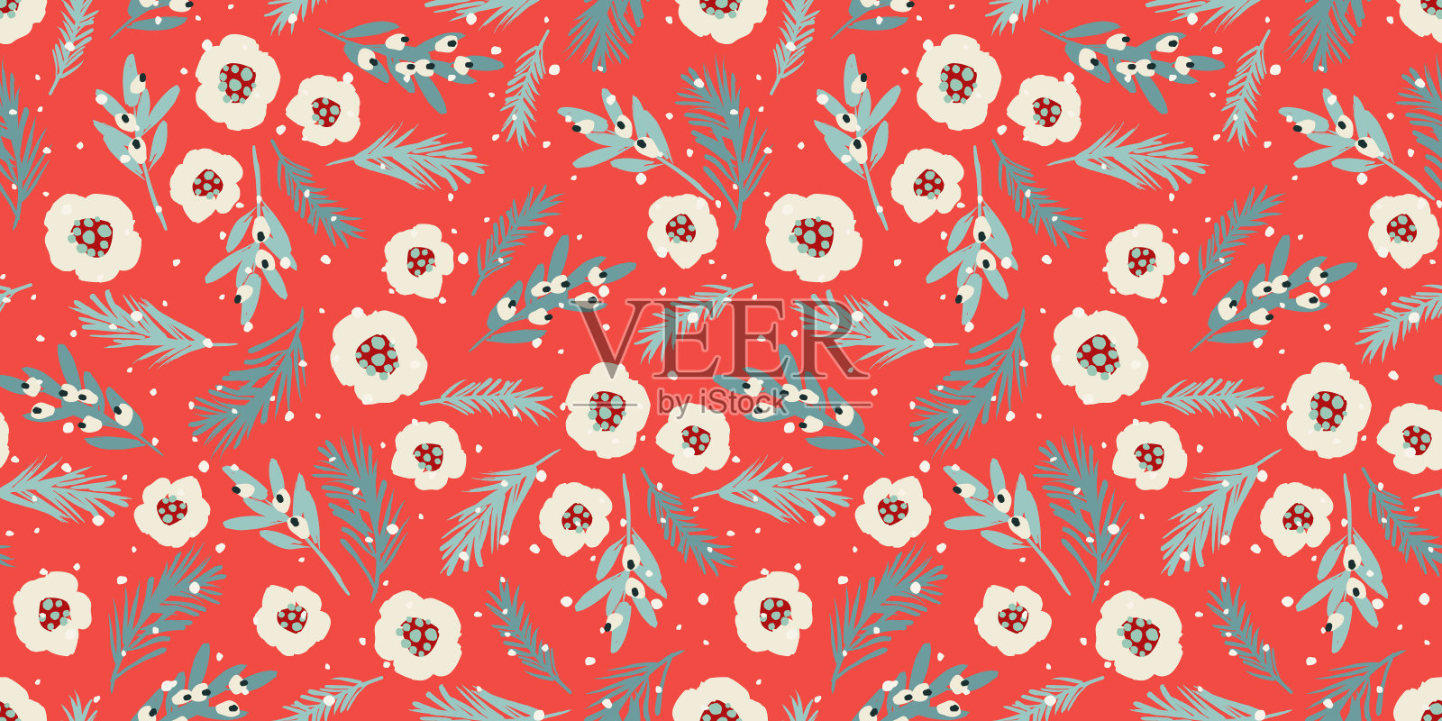 圣诞和新年无缝图案。圣诞树，鲜花，浆果。新年的象征。矢量设计插画图片素材