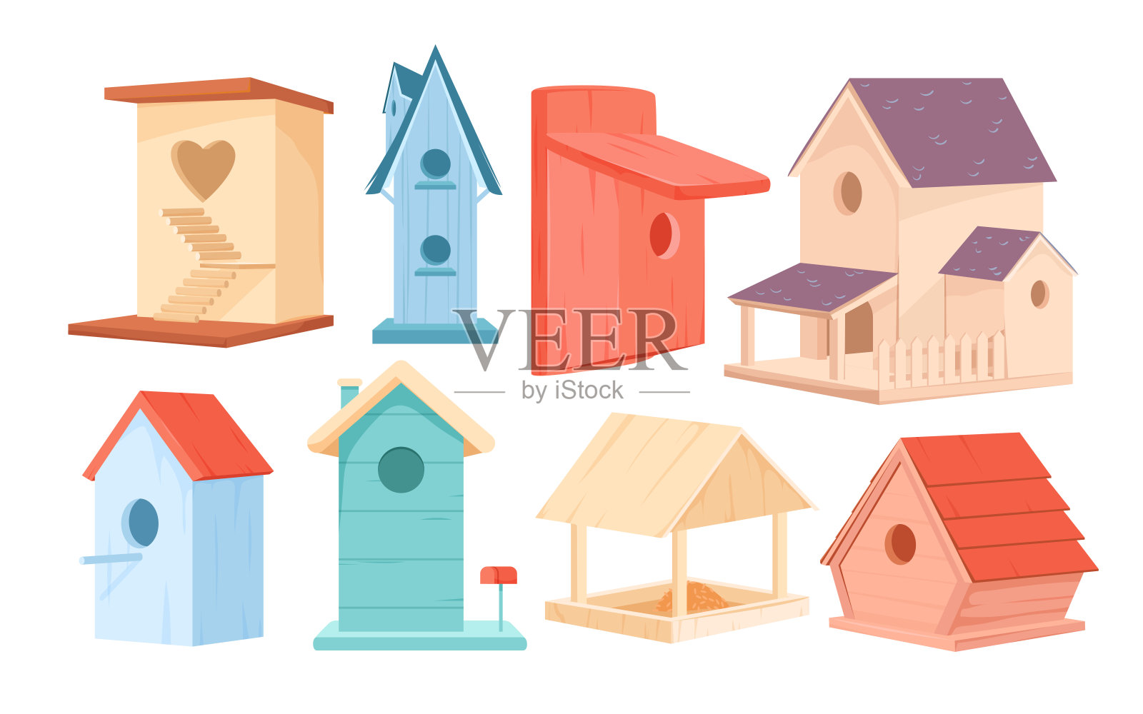 鸟屋套装，可爱的彩色鸟屋收集，有心洞的木制盒子插画图片素材