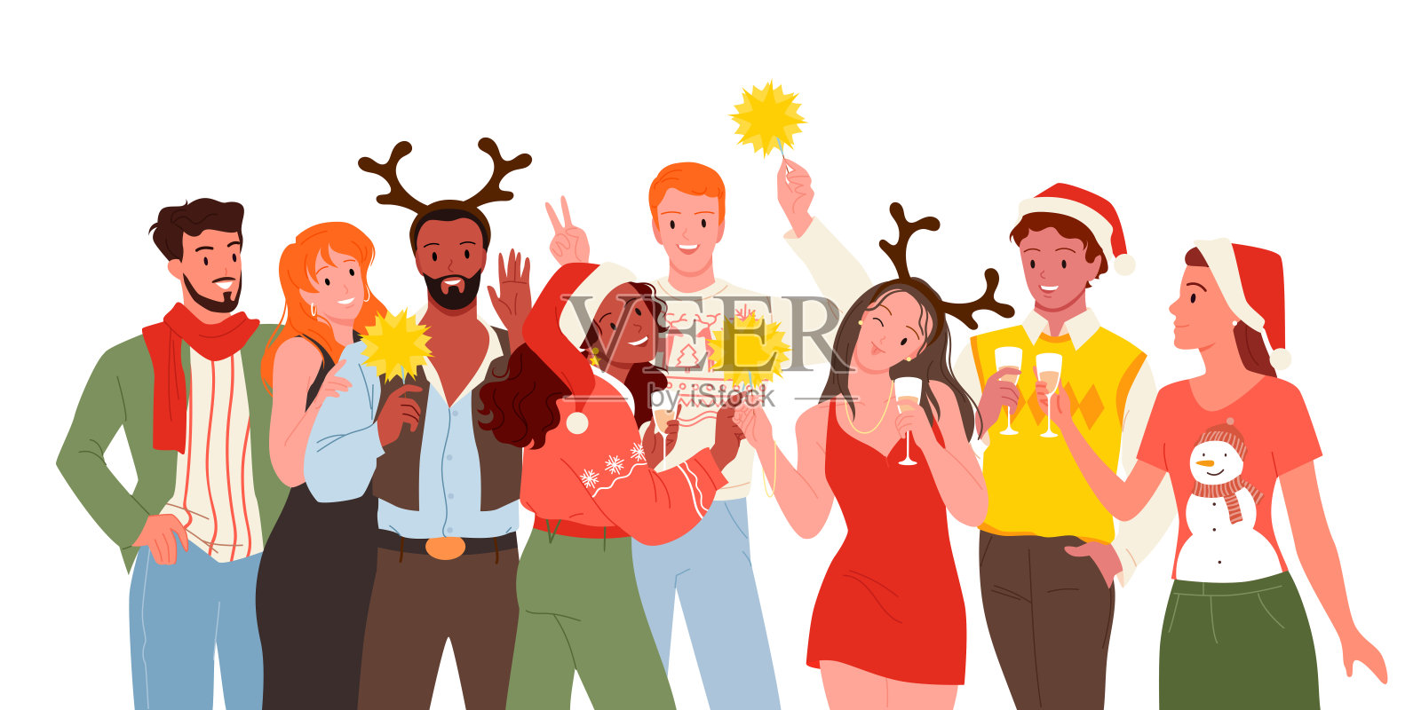 朋友们庆祝寒假，戴着圣诞老人帽的各种人物站在一起插画图片素材
