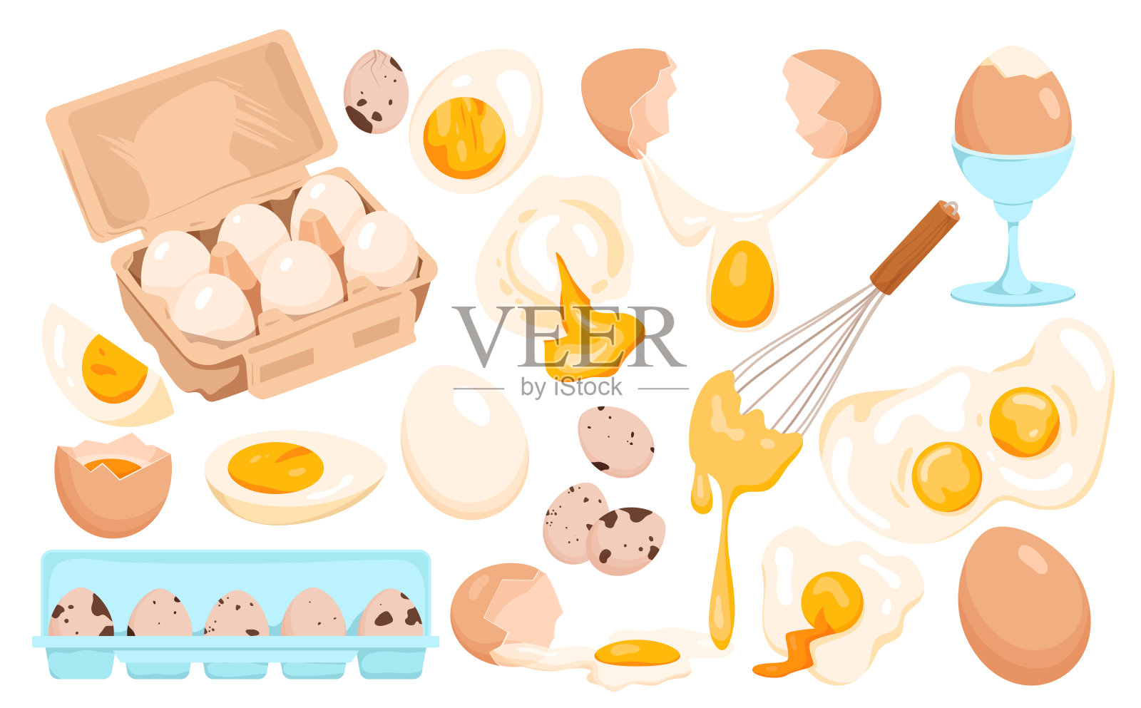 鸡蛋，完整新鲜，煎蛋或煮蛋，带壳或去皮，切成两半和四分之一插画图片素材