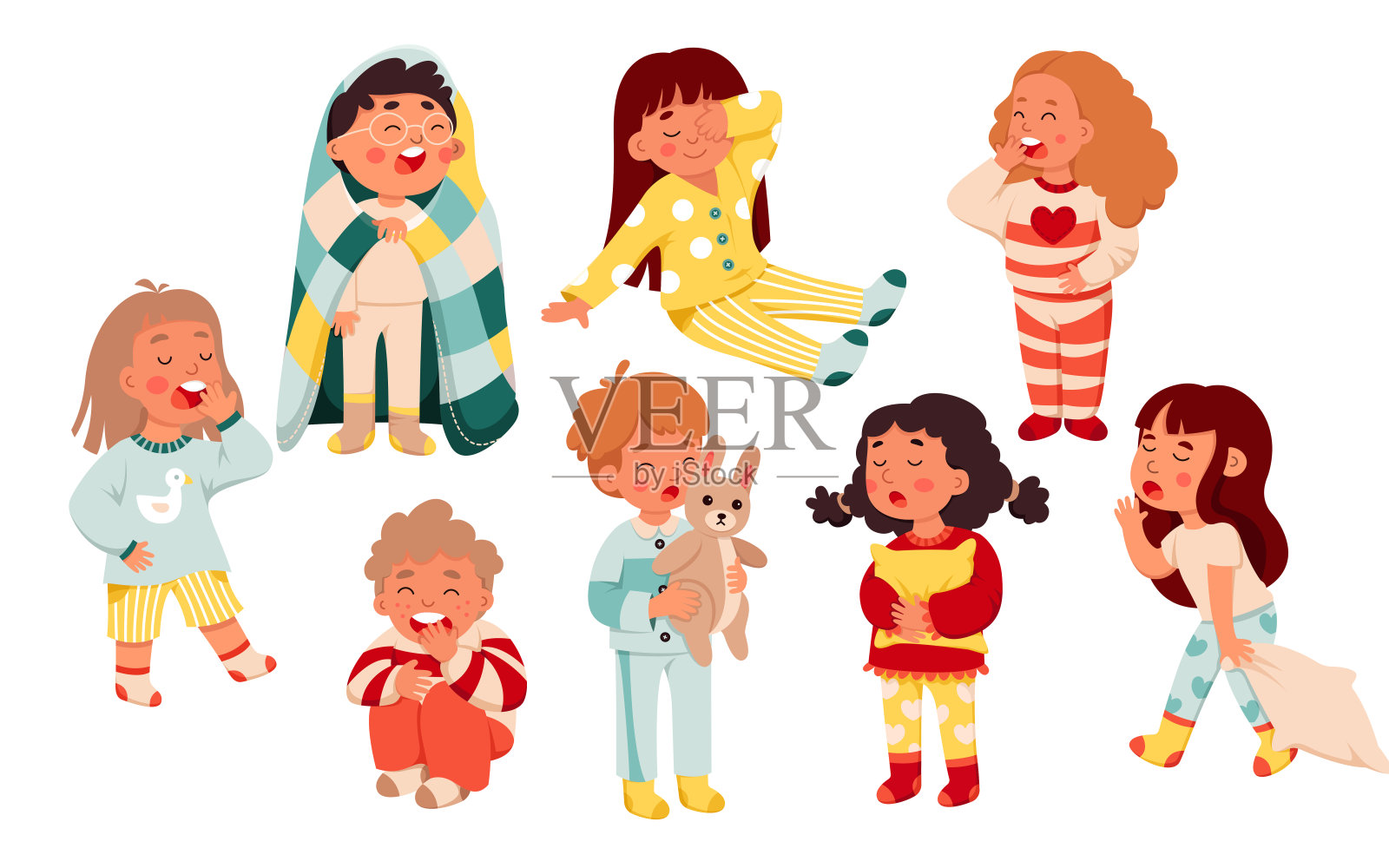 睡眼惺忪的孩子们起床了，穿着睡衣的女孩和男孩打着哈欠，准备在床上休息和睡觉插画图片素材