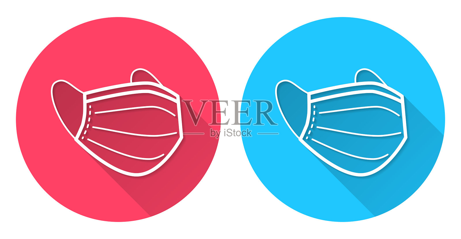 医用或外科口罩。圆形图标与长阴影在红色或蓝色的背景插画图片素材