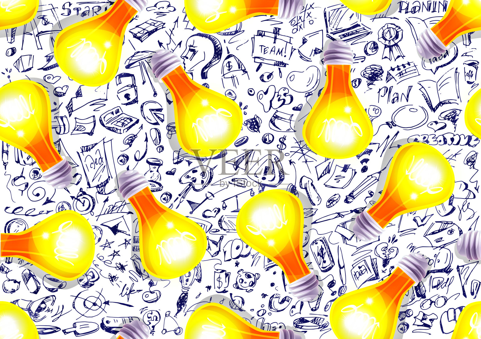 具有漫画风格的创意和想法。在白色的背景上燃烧着手绘设计的灯泡。时尚的创意矢量无缝图案。插画图片素材
