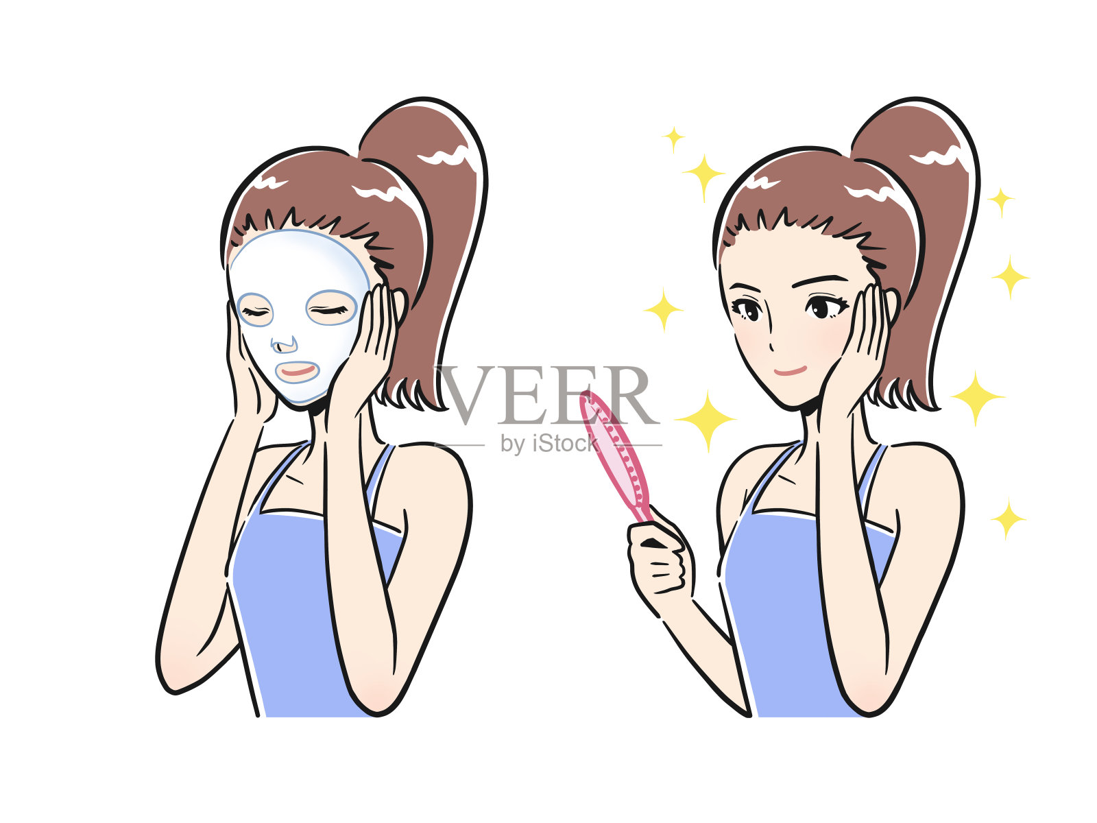 一群年轻女性戴上面膜，看着自己的手镜，以保持皮肤清洁。插画图片素材