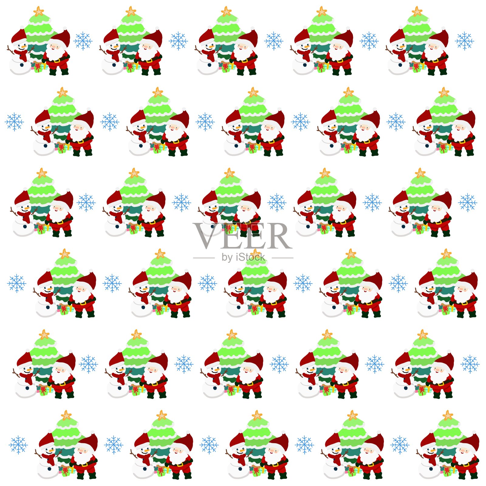 雪人，圣诞老人，圣诞树和雪花图案的背景插画图片素材