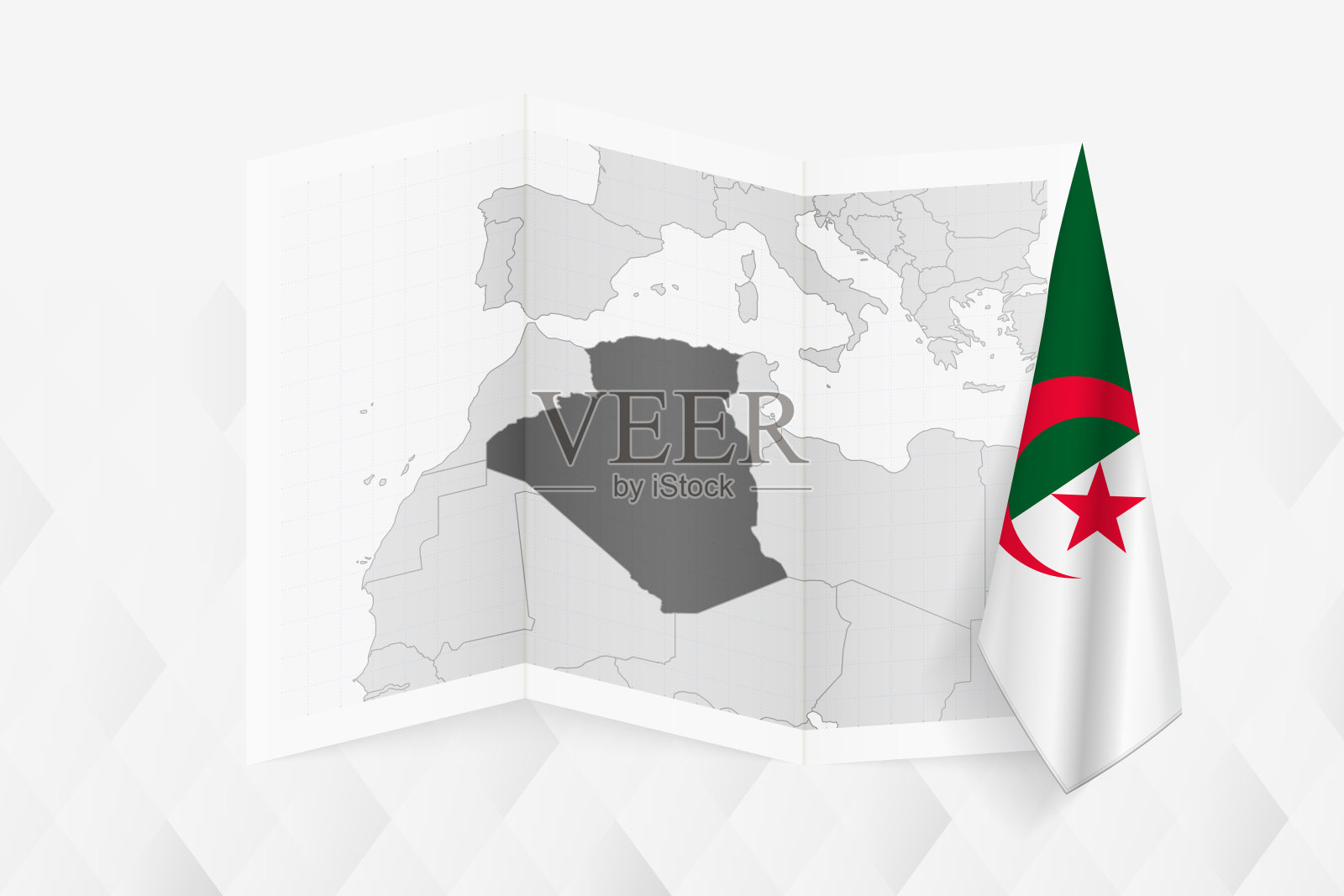 阿尔及利亚的灰度地图，一面悬挂着阿尔及利亚国旗。矢量地图为许多类型的新闻。插画图片素材