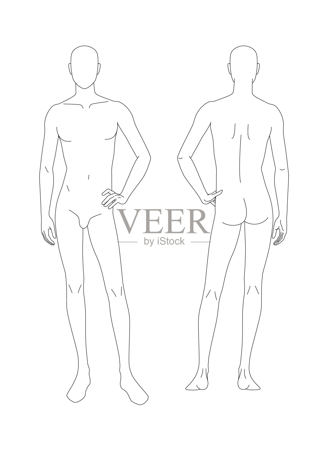 人体的草图。前后视图。手在腰部的位置。用于绘制衣服的人体图案。您可以直接在草图上打印和绘制。插画图片素材