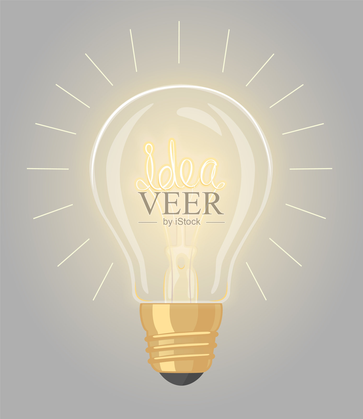发光的灯泡上有“想法”这个词。灰色背景上的透明灯泡。插画图片素材