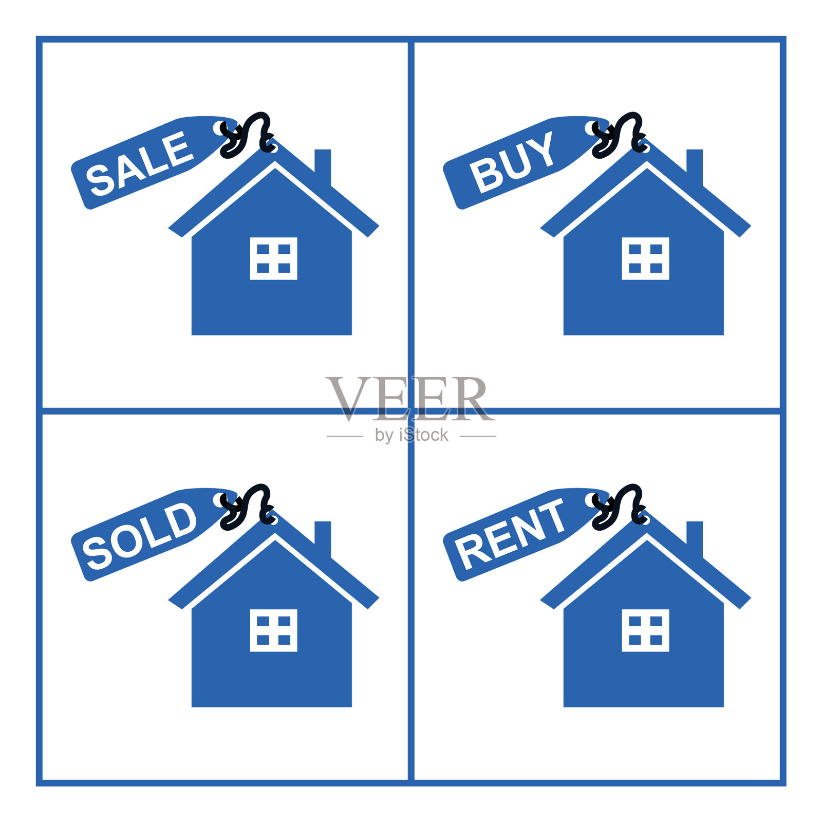 一套蓝色的图标以房子的形式出售插画图片素材