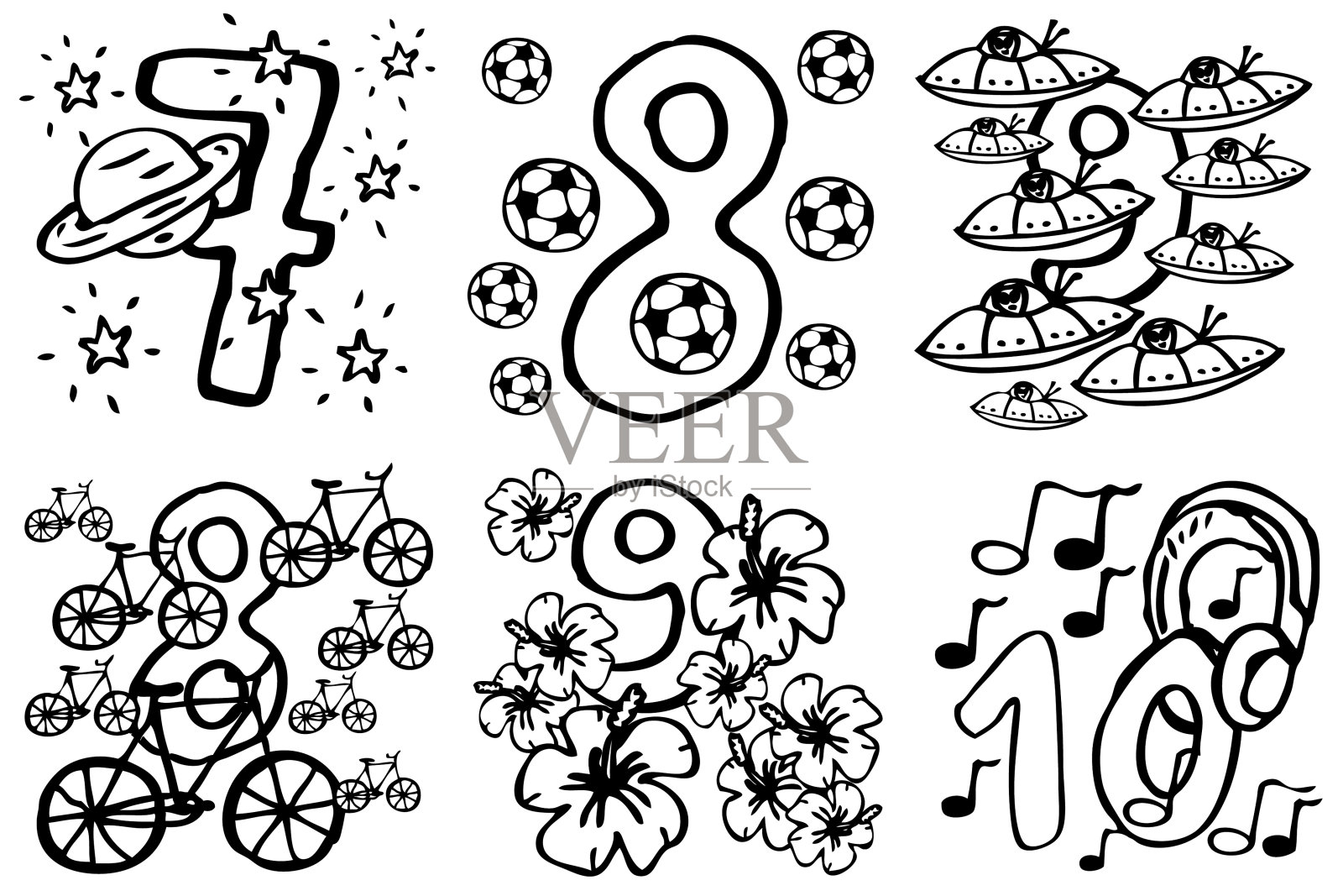 手绘7-10个男孩和女孩的数字插画图片素材