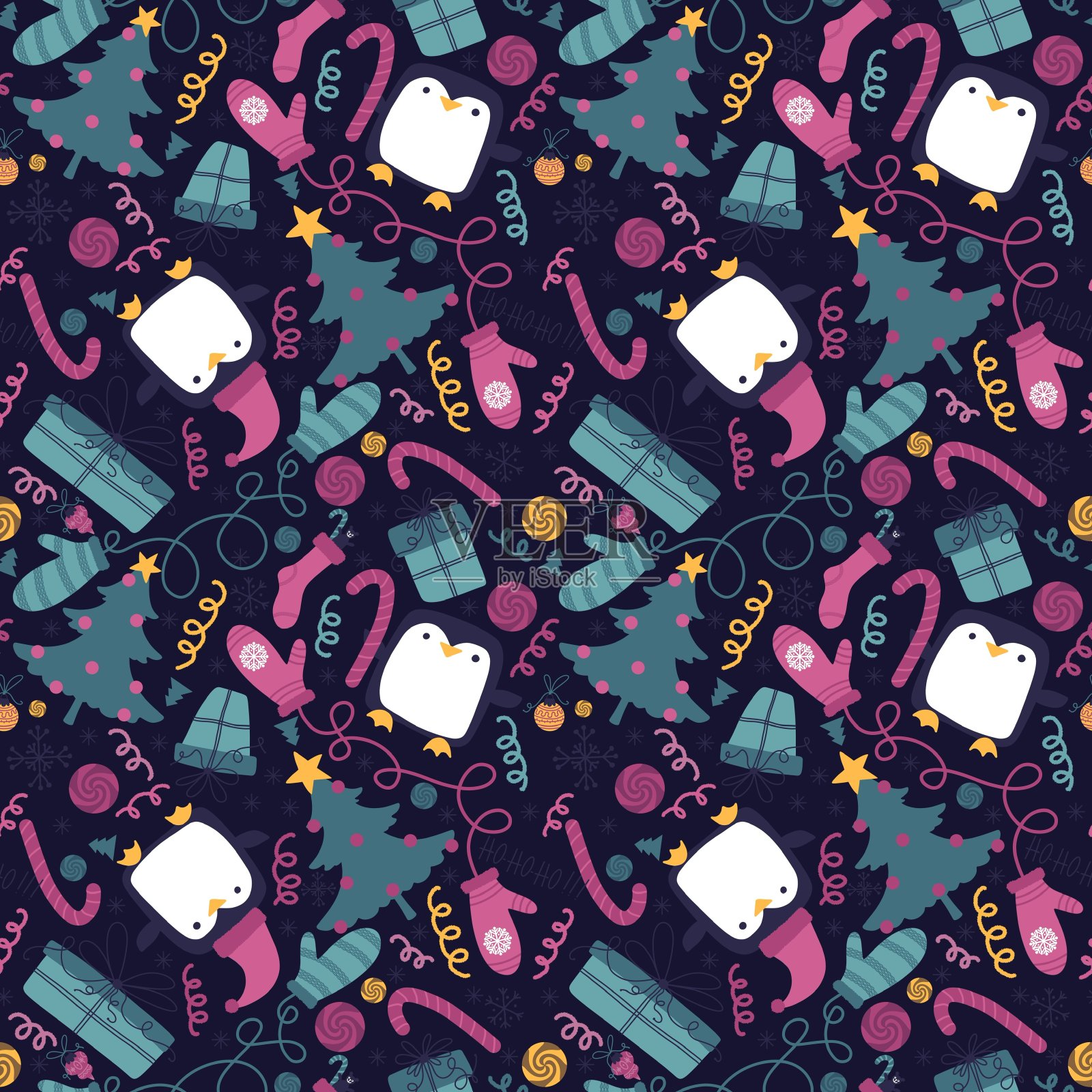 冬季圣诞无缝卡通图案包装纸及面料插画图片素材