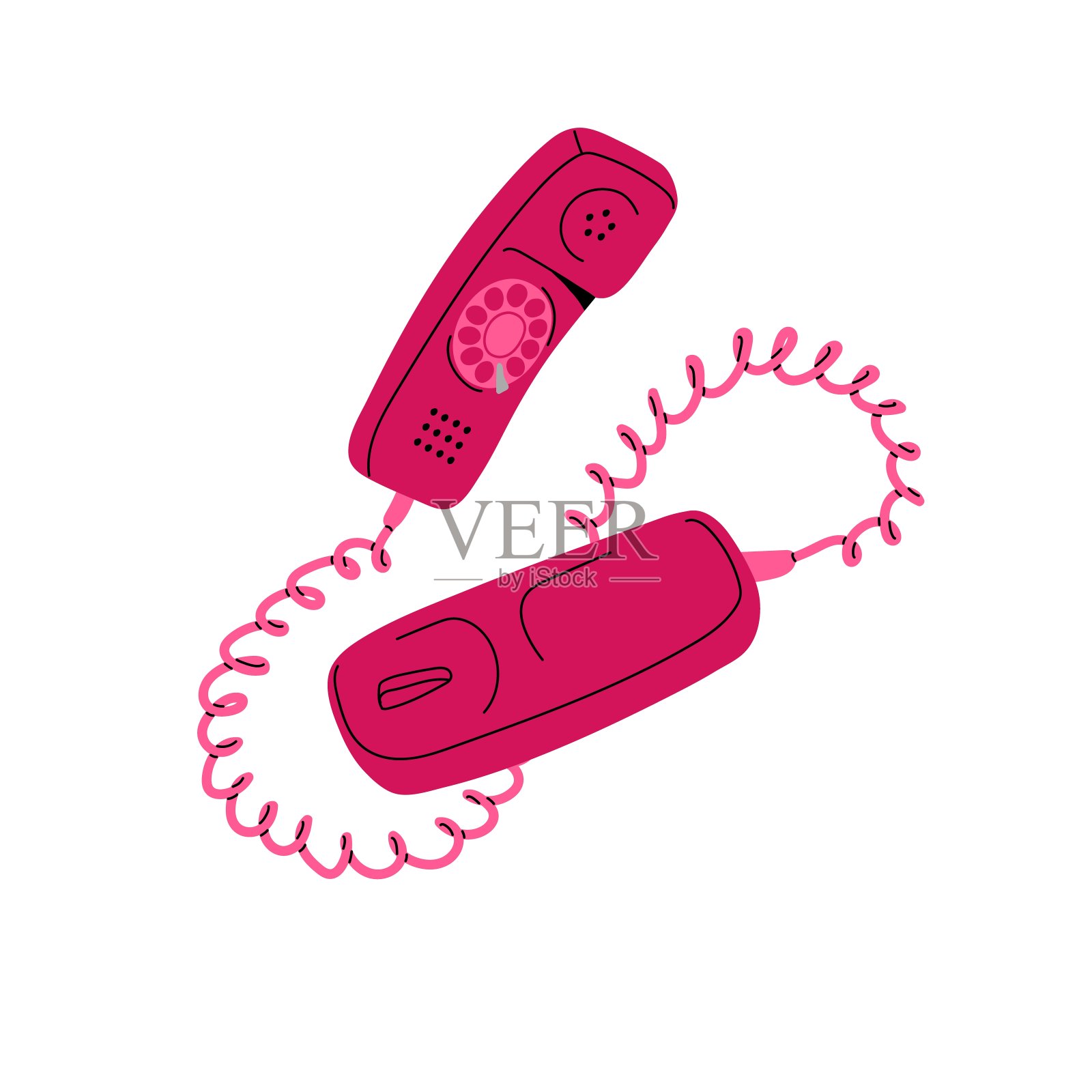 带转盘、有线的复古电话。老式的粉色电话，老式的豪华设备，80年代的通讯技术，90年代的接收机。Retrowave怀旧。平面隔离矢量插图上的白色背景插画图片素材
