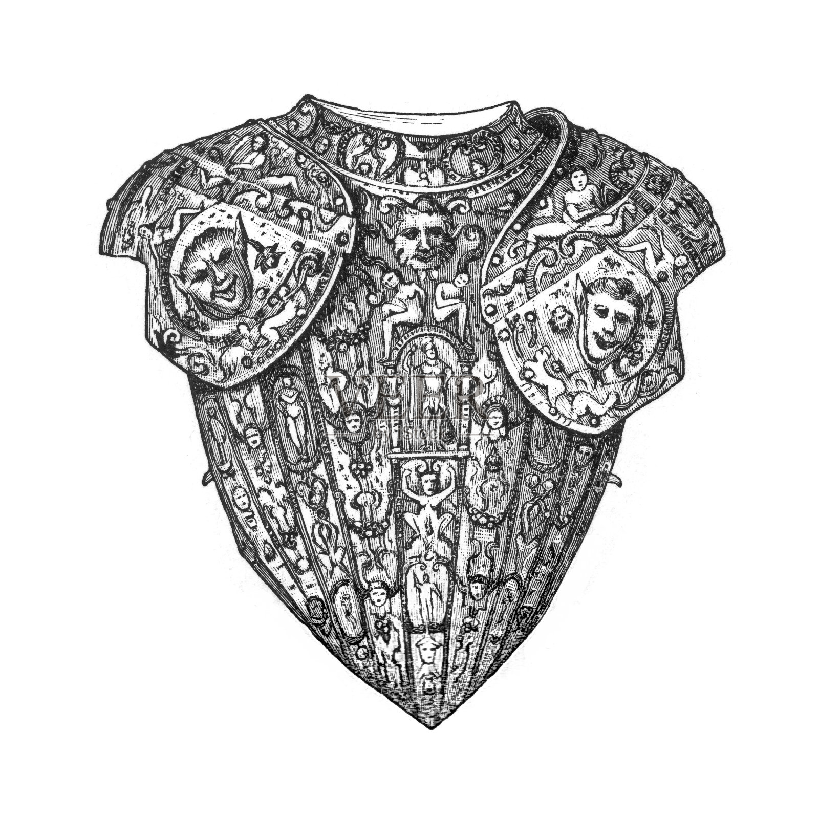 西班牙腓力三世带垫肩的胸甲，16世纪晚期，插图出自迈耶的《百科词典》，1897年插画图片素材