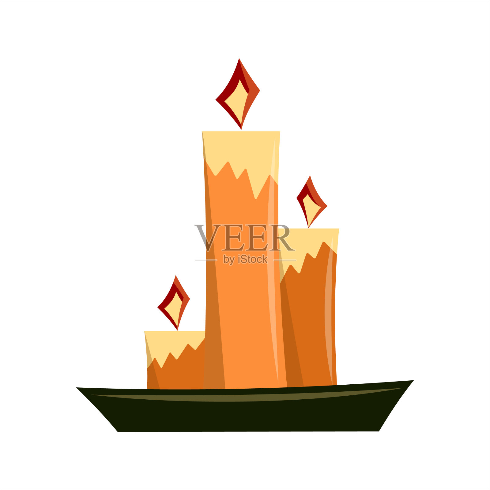 黑色的支架上放着三支燃烧着的黄色蜡烛。圣诞蜡烛孤立在白色的背景。平面矢量插图。插画图片素材