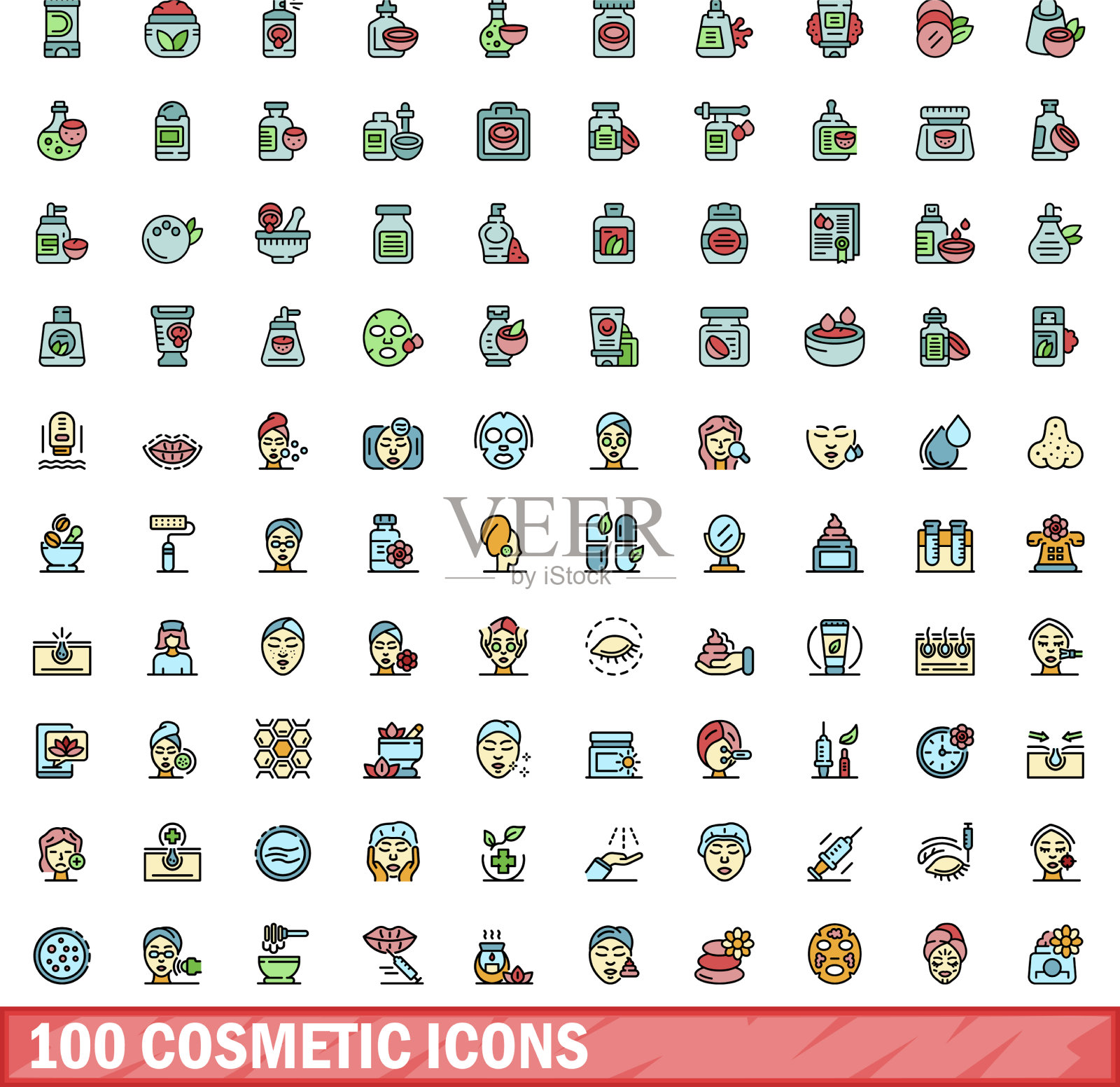 100个化妆图标设置颜色线样式插画图片素材