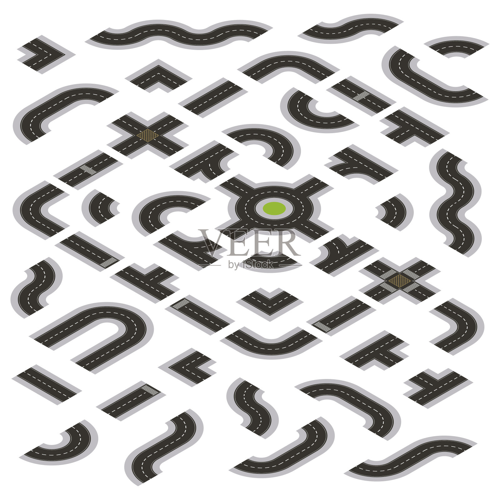 等距深灰色道路建设工具包插画图片素材