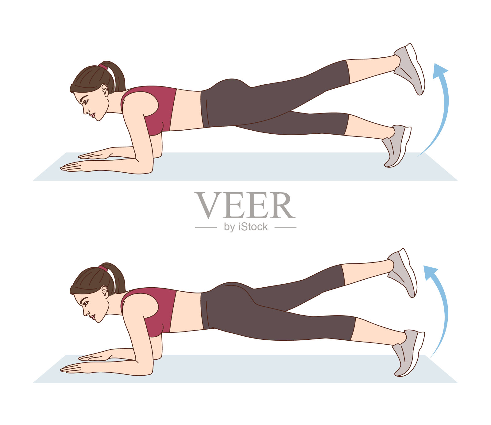 一个女人正在做运动。抬腿肘支撑。锻炼臀部和下背部。适合减肥。插画图片素材