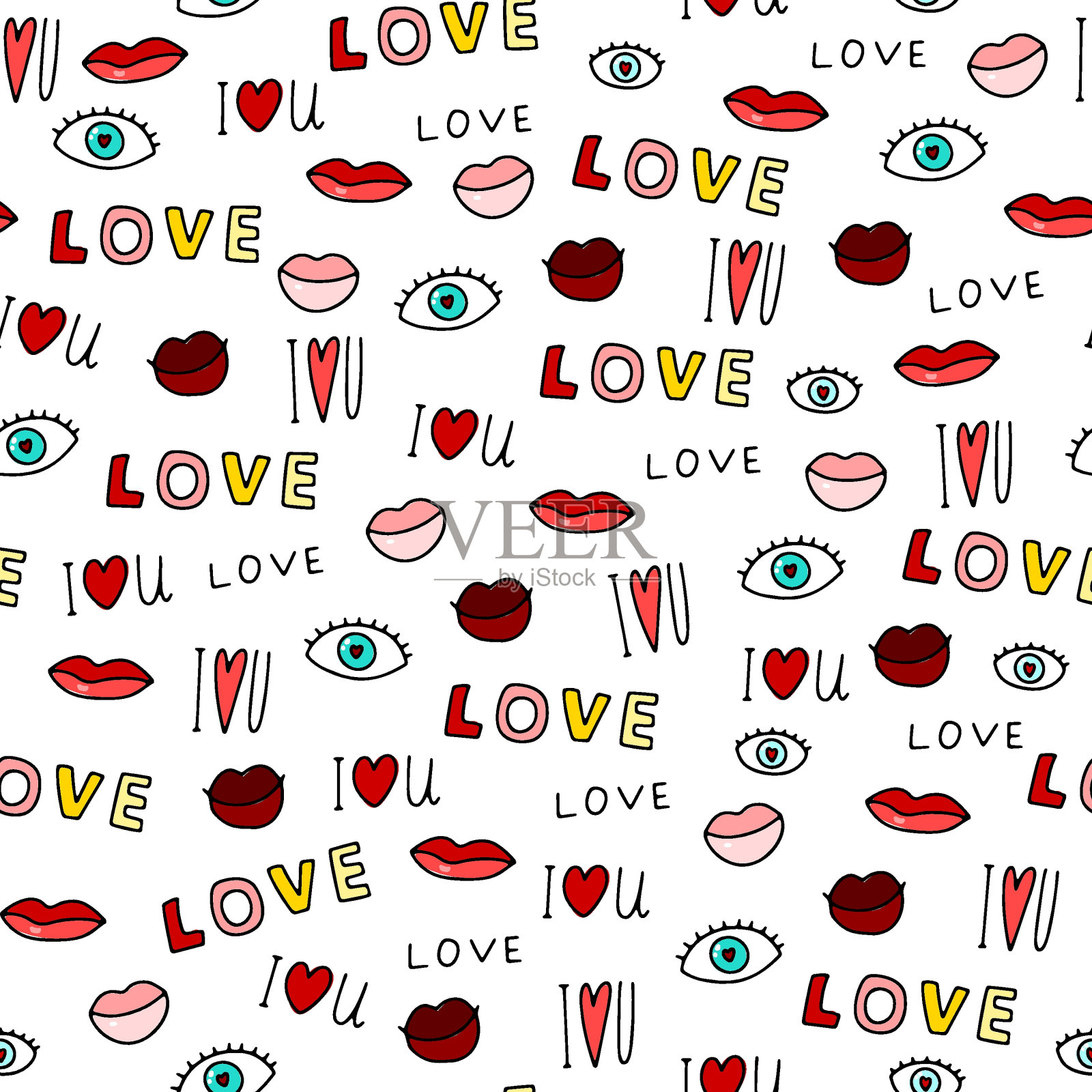 涂鸦情人节，婚礼无缝图案。爱你插画图片素材