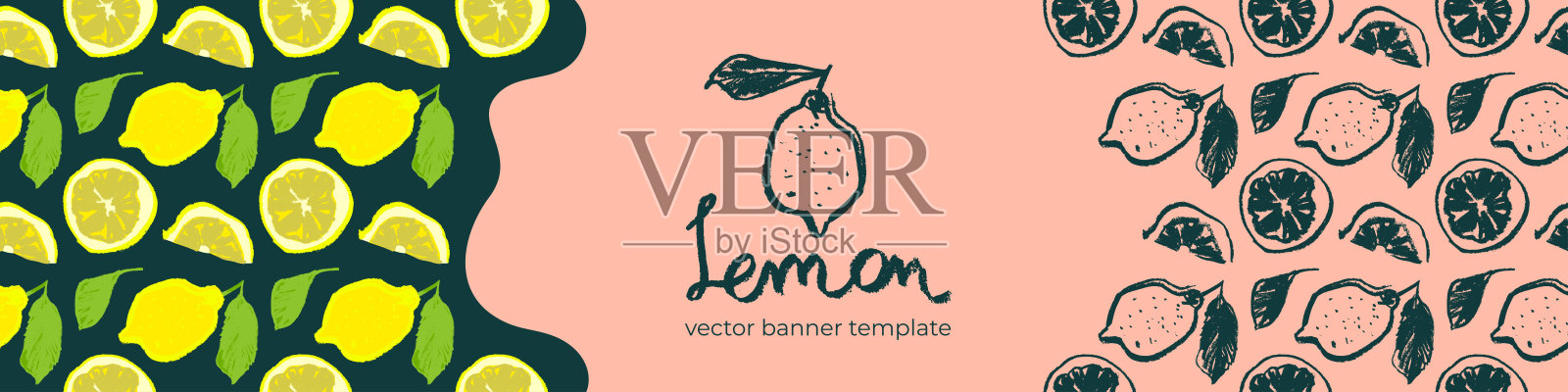 横幅模板与矢量颜色柠檬无缝图案。柑橘水果背景在粉红色的背景。插画图片素材