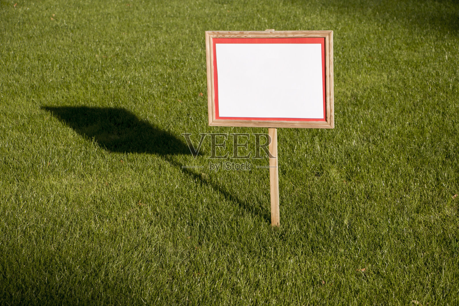 绿草草坪上的指针标志。横幅模型与文字的地方。照片摄影图片