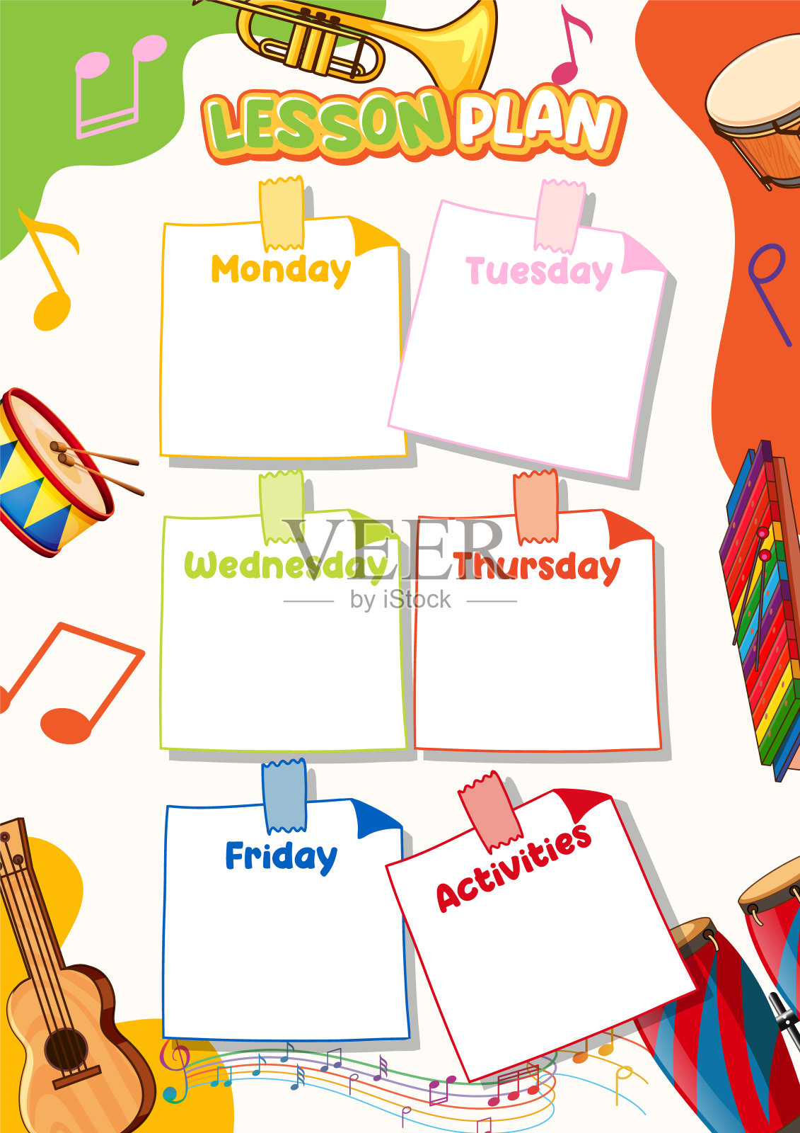 可打印的每周课程计划与乐器主题插画图片素材