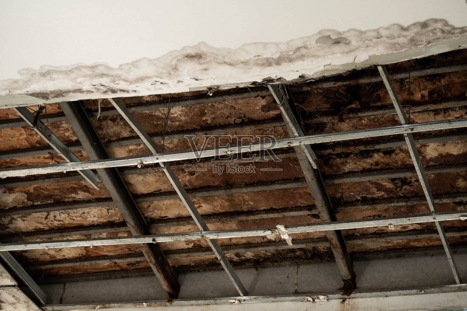 由于雨水泄漏，屋顶上的天花板已经损坏了一个大洞。天花板被水损坏。天花板坍塌了。照片摄影图片