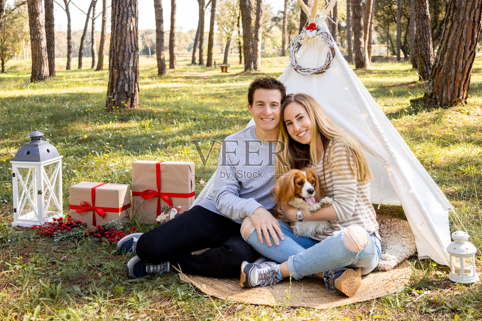 圣诞节，一对可爱的夫妇和狗在森林里照片摄影图片